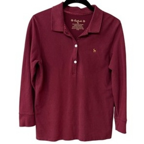 Outlooks Womens XL Polo Shirt Long Sleeve Burgundy Deer Embroidered | EUC - Picture 1 of 11